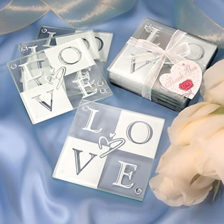 LOVE Glass Coaster Set with Ribbon and Tag