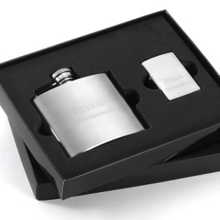 Brushed Flask and Zippo Lighter Gift Set Favors