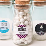 Personalized vintage glass milk bottle with round cork top - marquee design