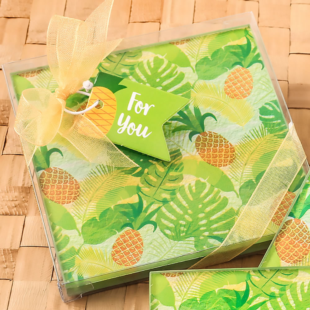 Set of 2 tropical pineapple themed glass coasters
