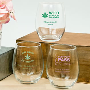 Personalized 15oz Stemless Wine Glasses - Cannabis Design