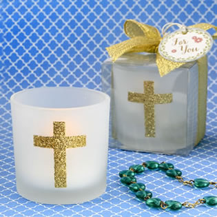 Cross themed white frosted glass candle votive holder