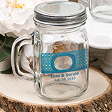 12 ounce personalized Glass mason jar with handle and silver metal screw top